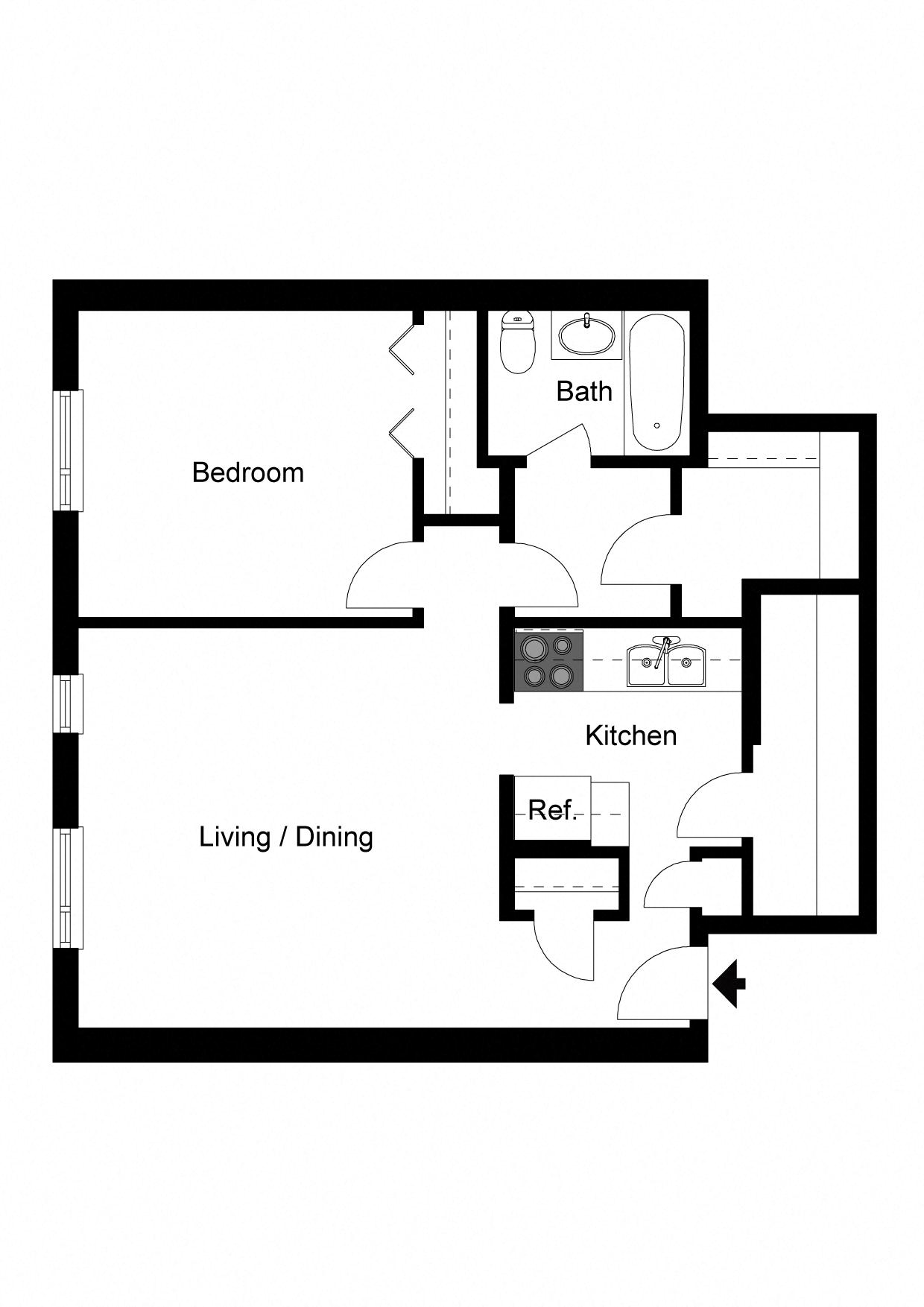 Floor plan for 1 bed, 1 bath, 586 sqft